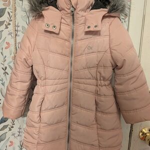 Girl's Calvin Klein Puffer Coat with Faux Fur Hood